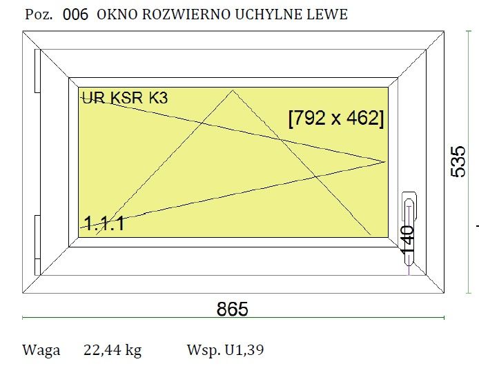 Okno PCV kol. biały wymiar szer. 865 x wys. 535 - RU