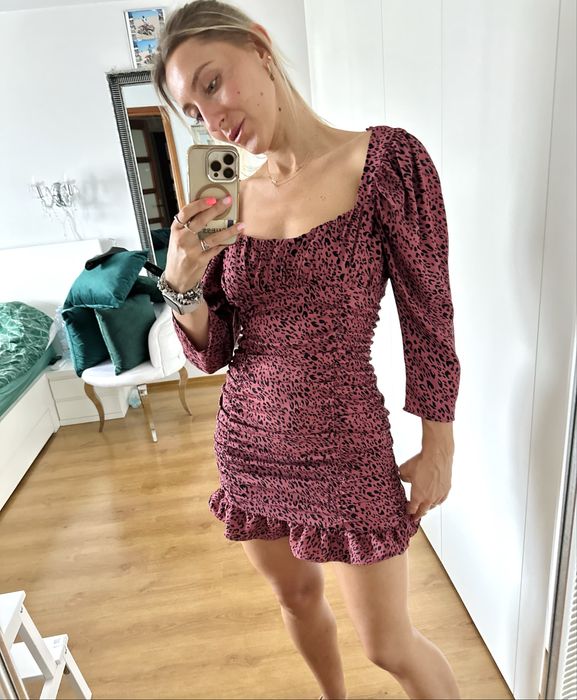Sukienka w panterkę drapowana marszczona mini Zara S/M