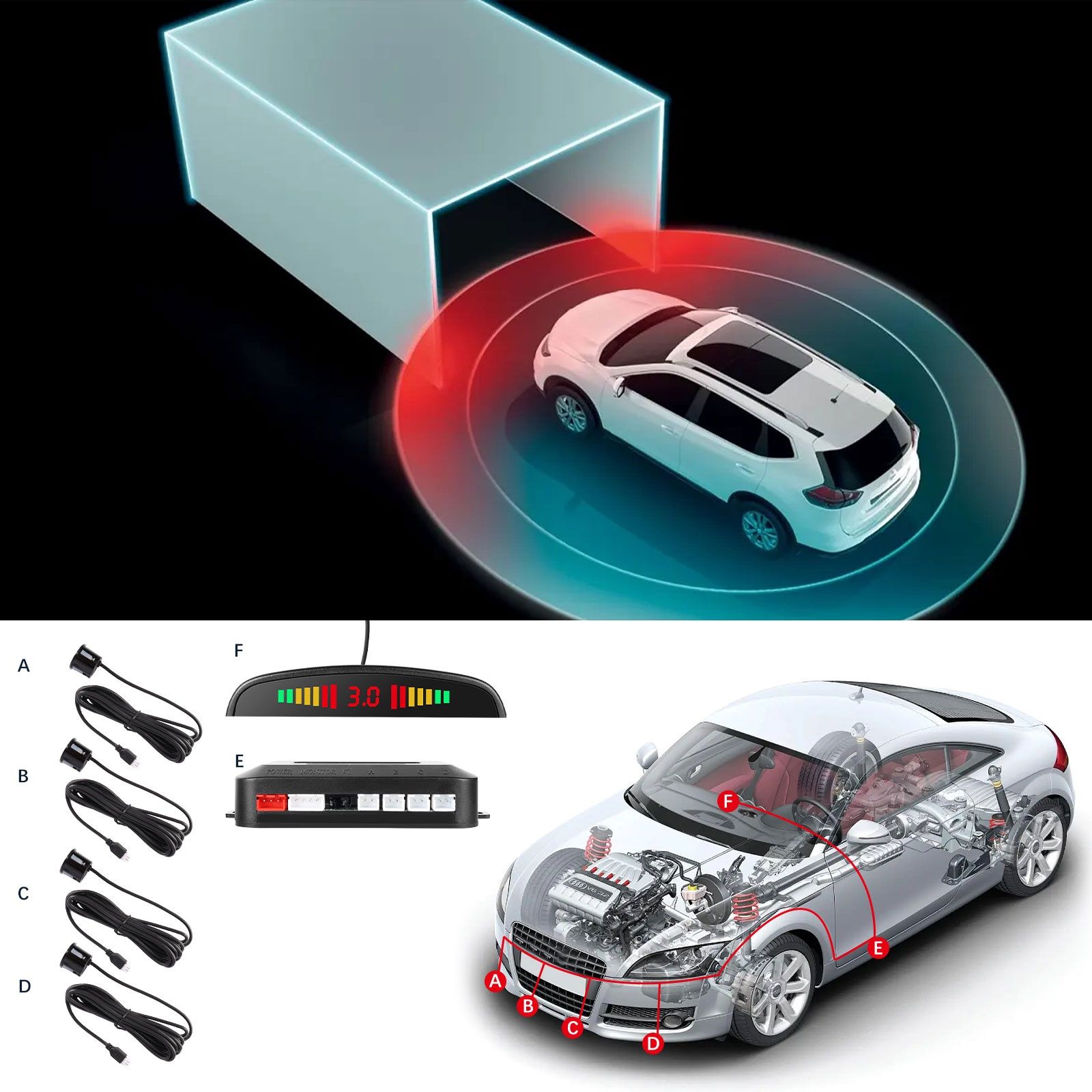 Kit 4 Sensores de estacionamento com altifalante preto SELADO