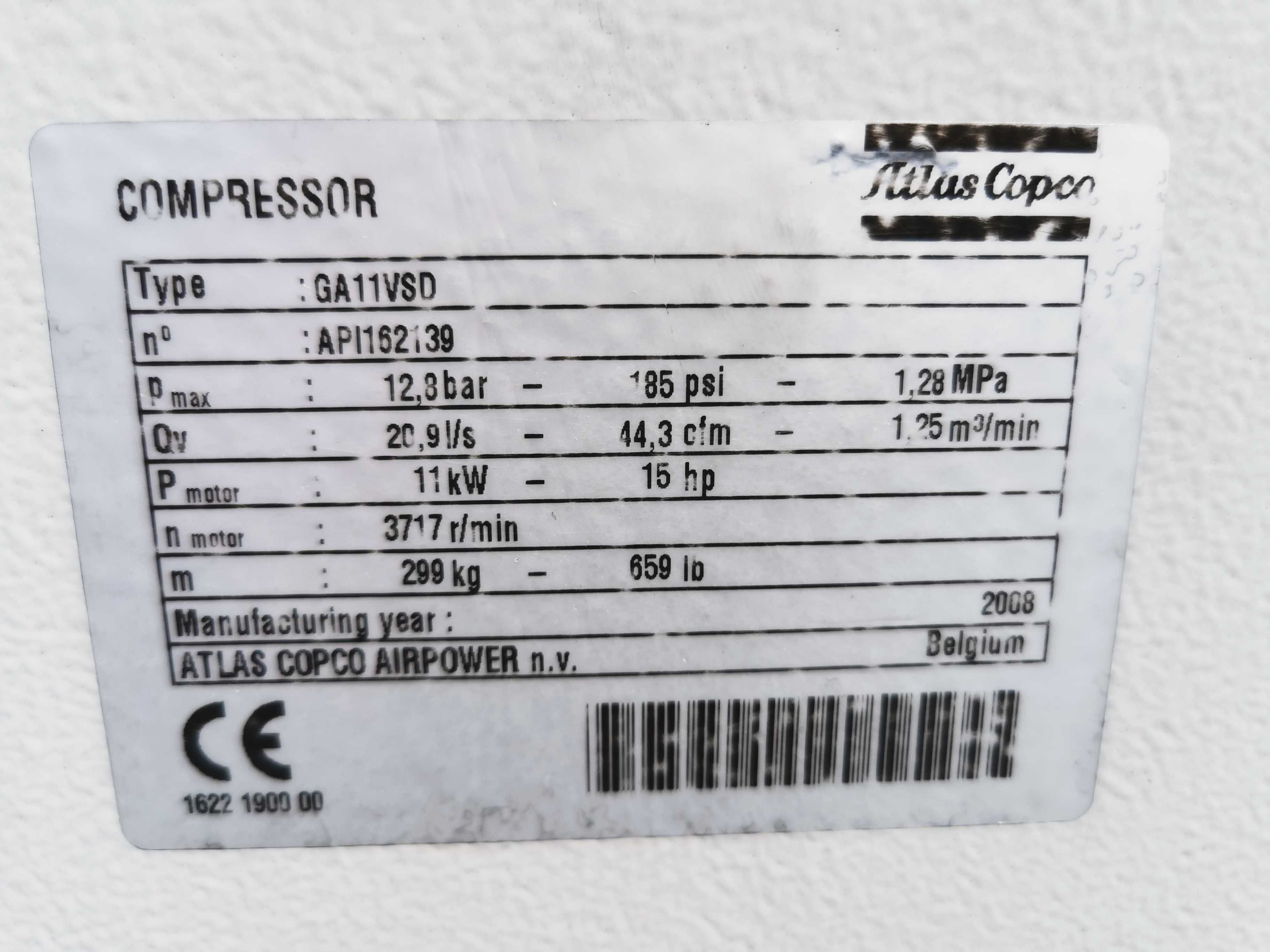 11kw +FALOWNIK Sprężarka śrubowa 1400l/min ATLAS COPCO kompresor 13BAR