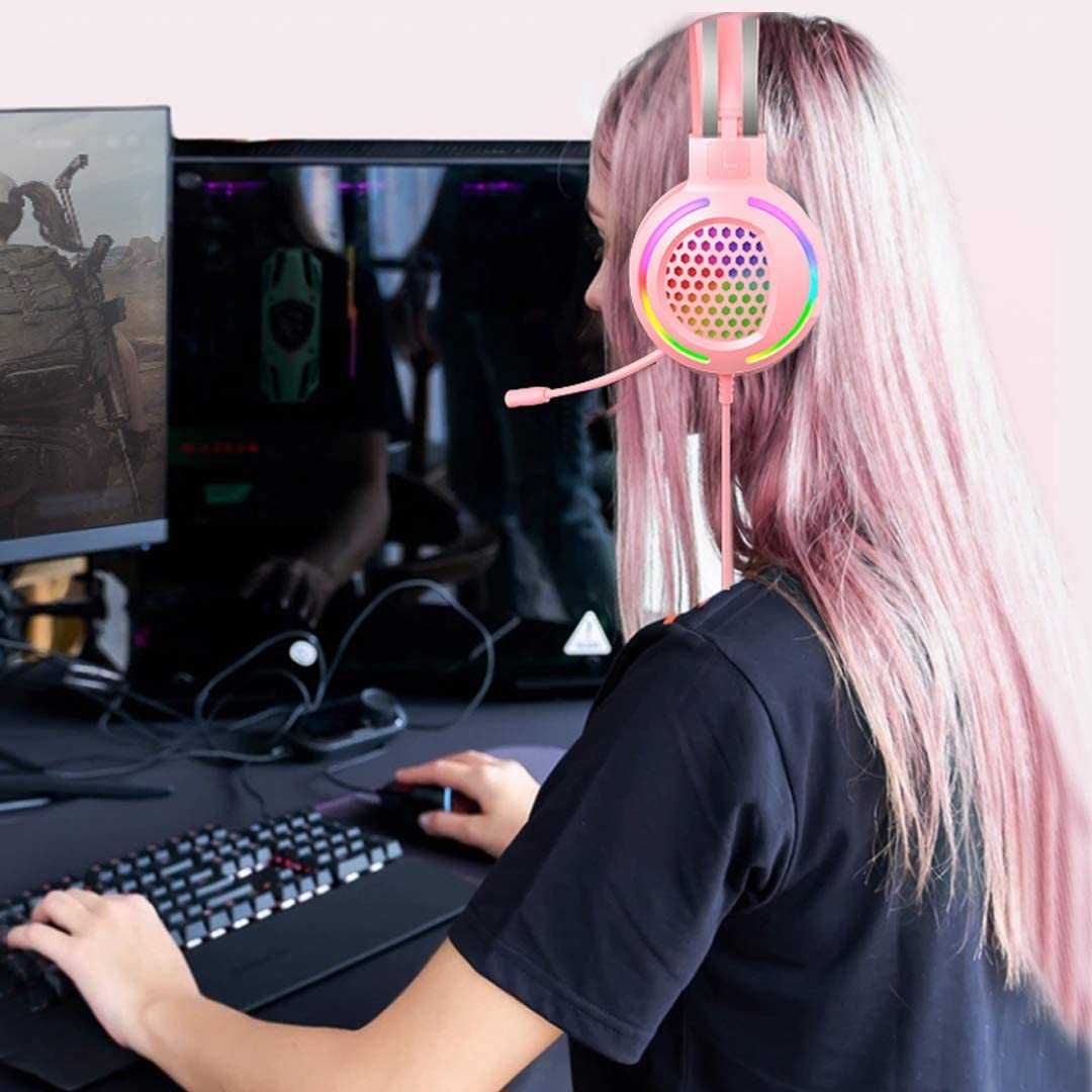 Magasnake Słuchawki Gamingowe 7.1 RGB Różowe USB LED dla dziewczyn