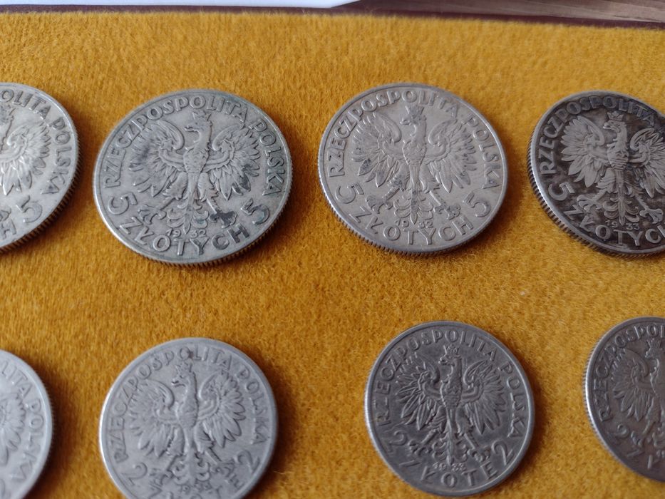 Monety głowa kobiety 5 złotych 2 złote srebro II RP