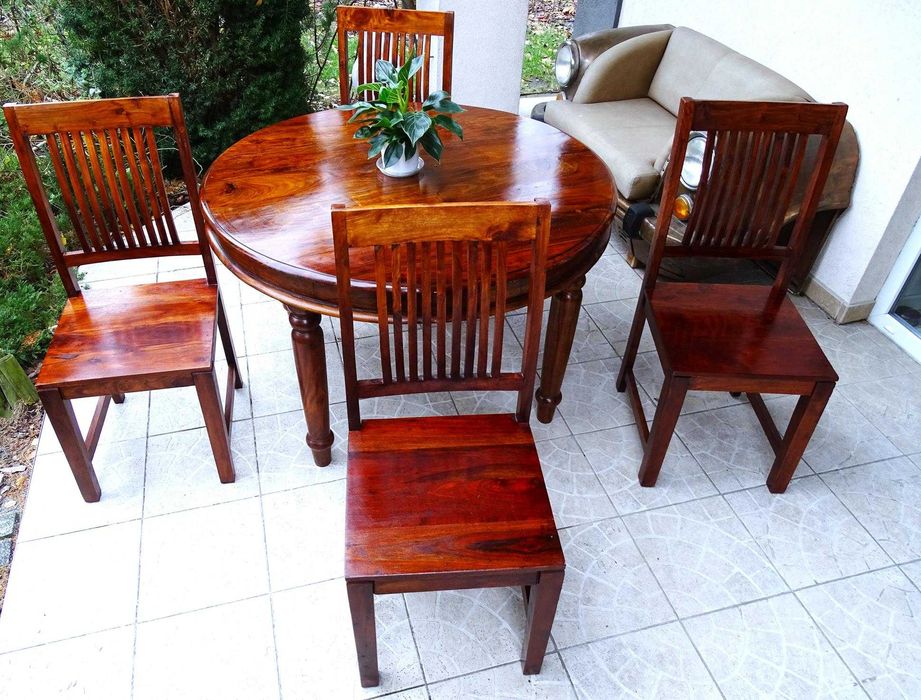 Stół drewniany indyjski - 120 cm + 4 stylowe krzesła - AlmiDecor