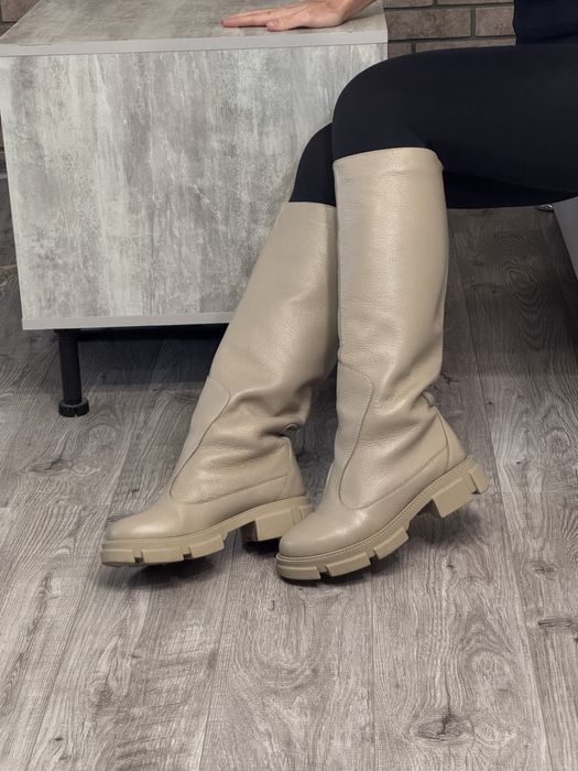 Остання ціна! Чоботи труби натуральна шкіра беж євро зима сапоги