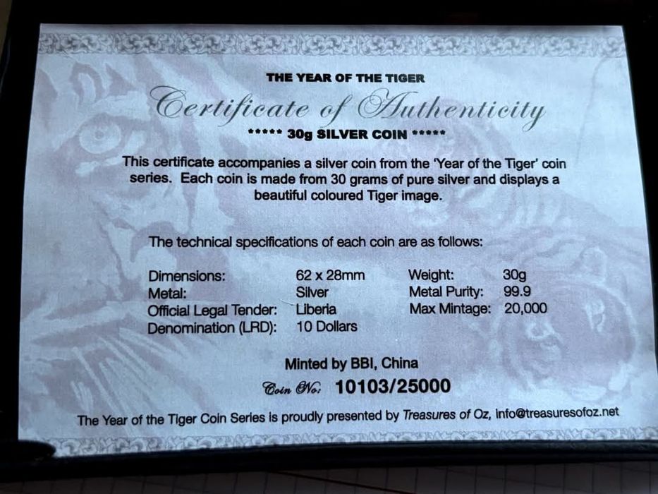 Рік тигра. 10 доларів 2010р. СРІБЛО. Сертифікат. Комплект!