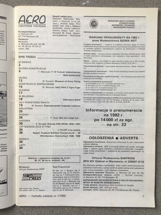 AERO technika lotnicza 1/92 monografia F-14 Tomcat