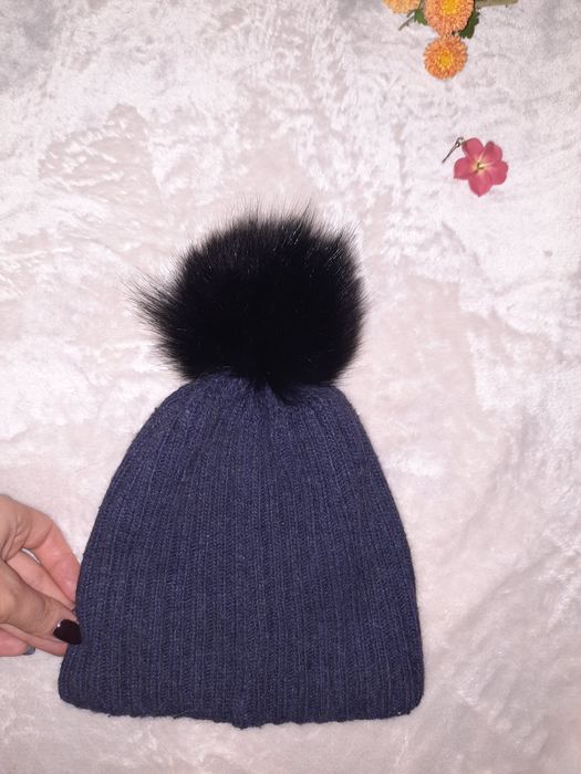Шапочка з натуральною шерстю,темно-синя