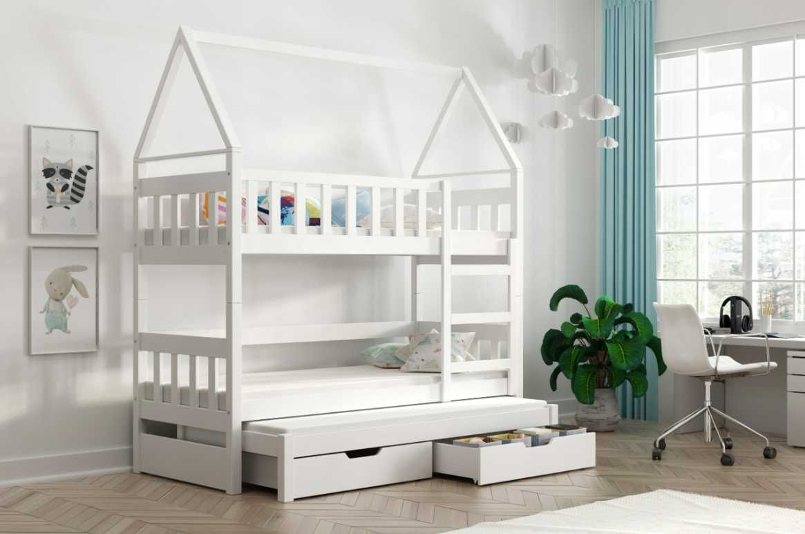 Łóżko piętrowe DOMEK dziecięce 3 osobowe, 2 wymiary 160x75/180x75