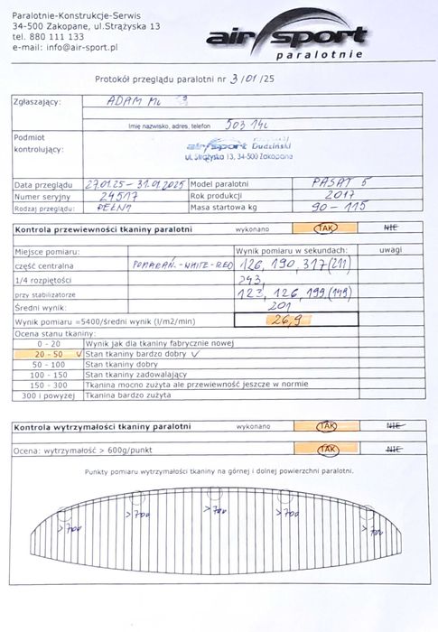 Paralotnia Air Sport Pasat 5, rozmiar 28  90-115 kg