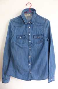 Vintage zgrabna koszula jeansowa oldskul 34 XS perłowe opalowe guziki