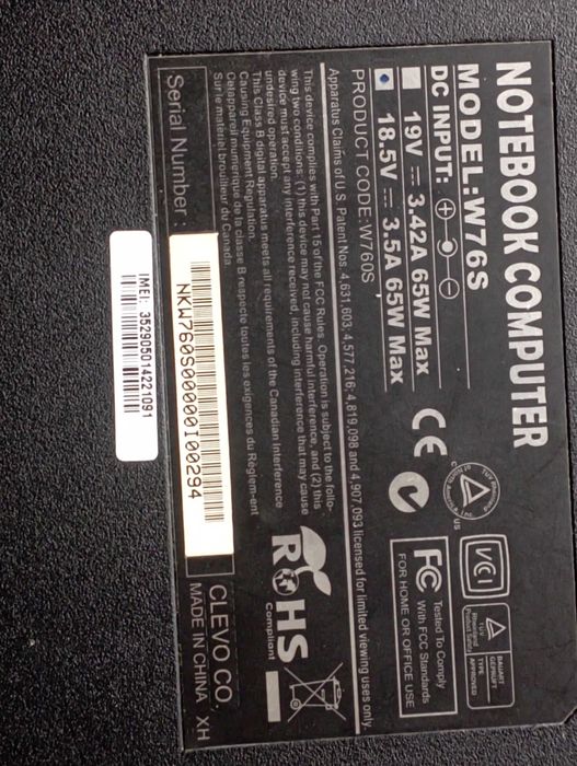 Ноутбук  CLEVO W76S