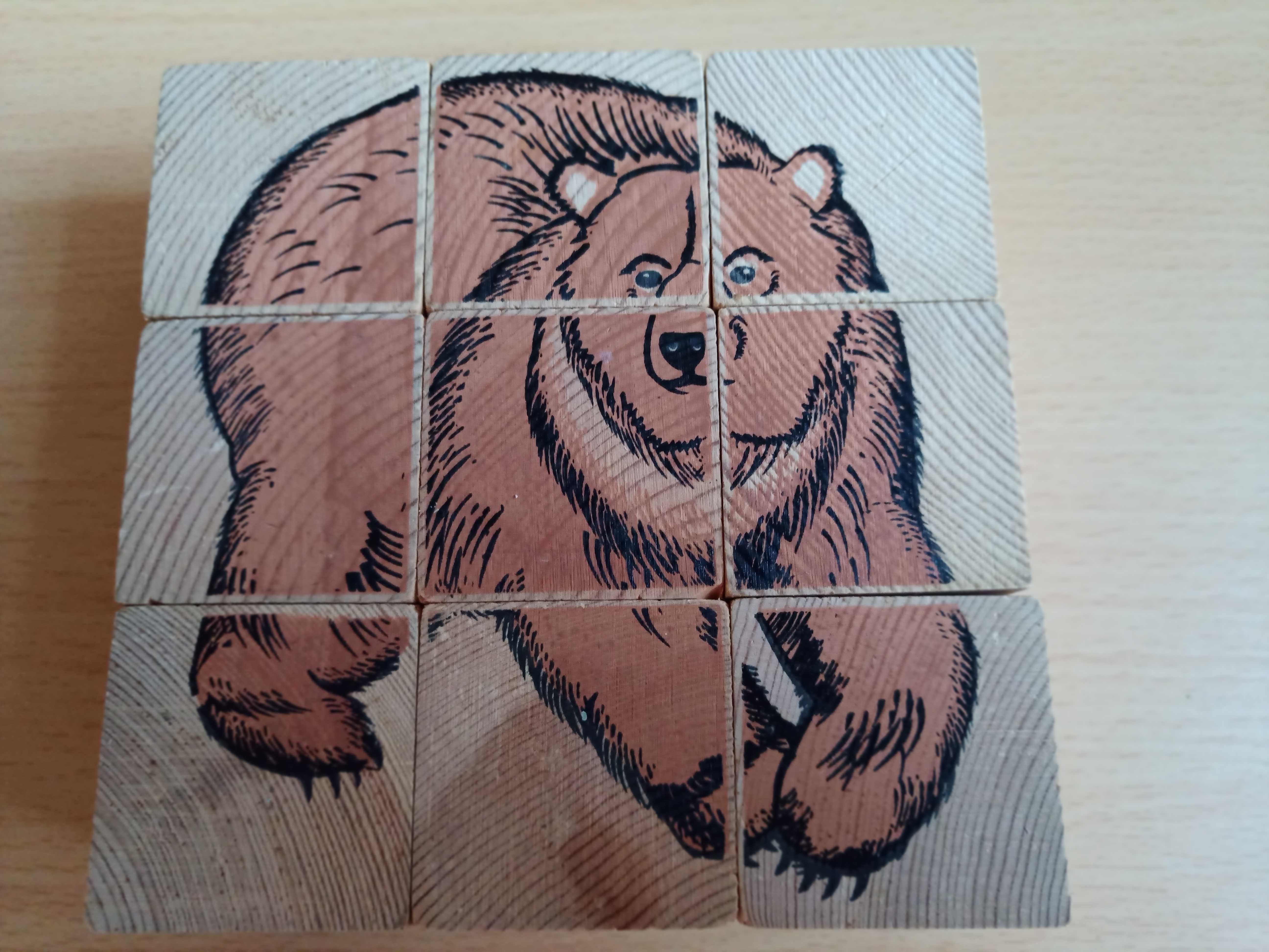 Деревянные кубики 9 шт (6 картинок лесных зверей) + фломастеры-штампы