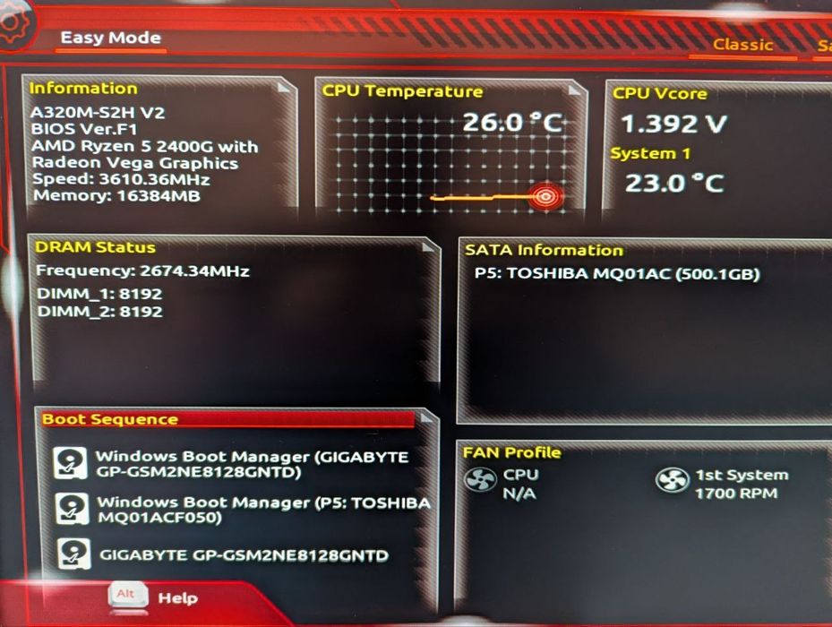 Gigabyte GA-A320M-S2HV2 + Ryzen 5  2400G + 16 DDR 4