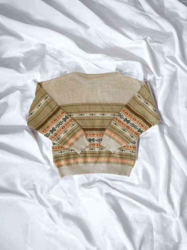 Sweter vintage retro oliwkowy wzory kolorowy r L