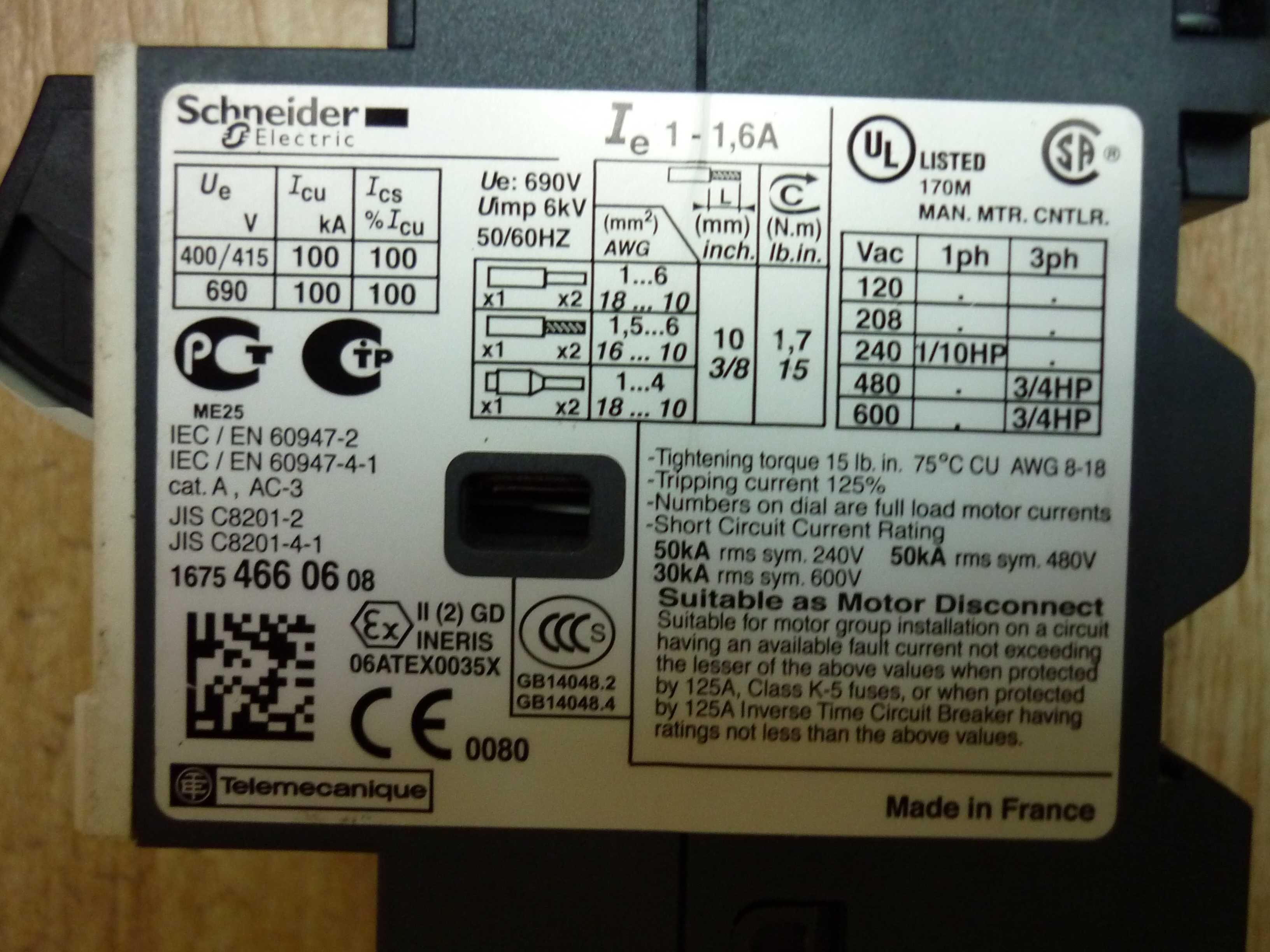 Wyłącznik silnikowy Schneider Electric GV2ME06 3P 1,6 A