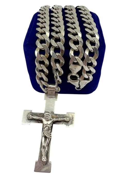 Masywny Srebrny Łańcuszek z Krzyżykiem Pancerka 49.76G 925 50CM