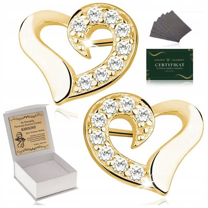 Kolczyki Złote Serca Dla Dziewczynki 925/585 Na Komunię Na Chrzest + G