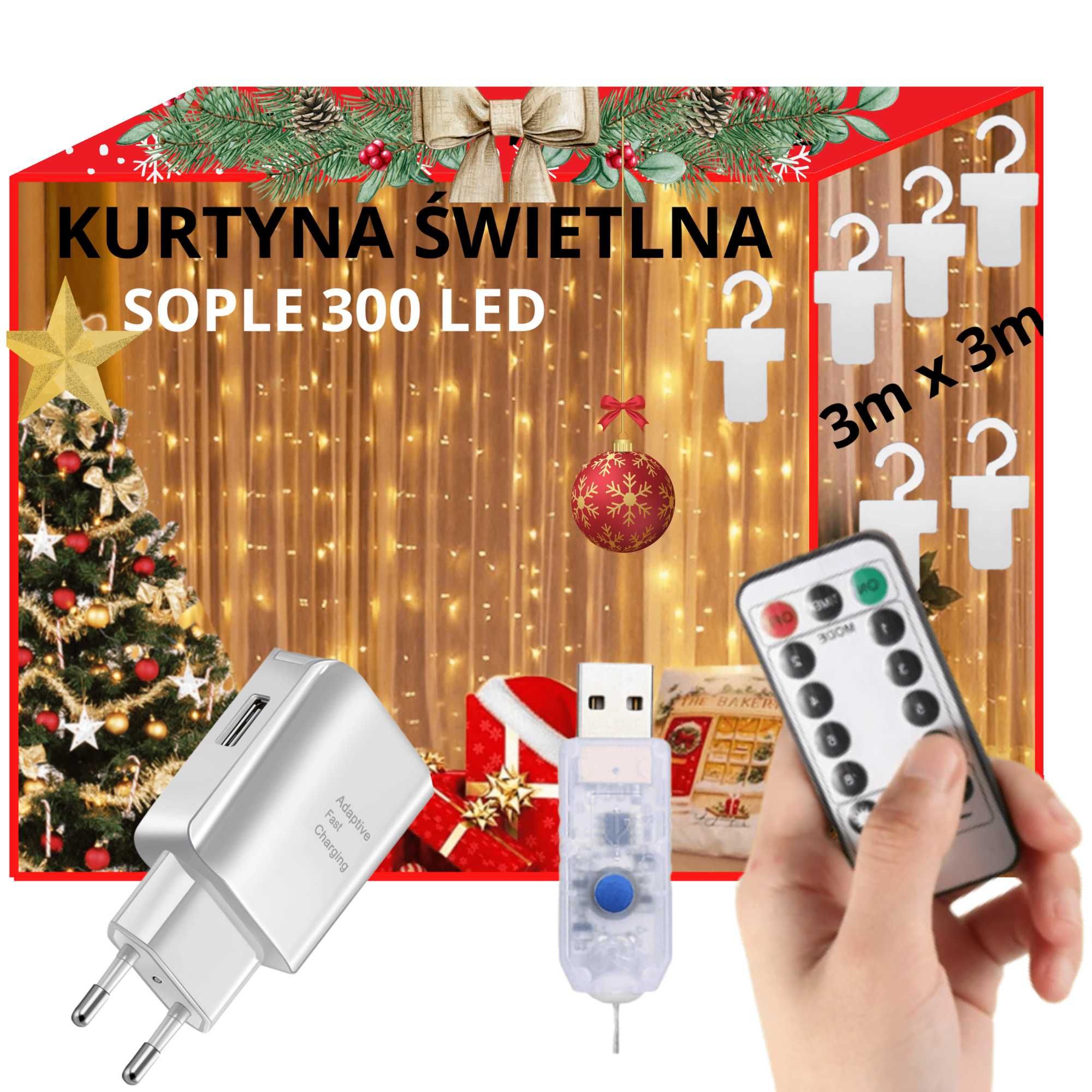 KURTYNA ŚWIETLNA LED 3x3m Lampki 300 LED Świąteczne Choinkowe Girlanda