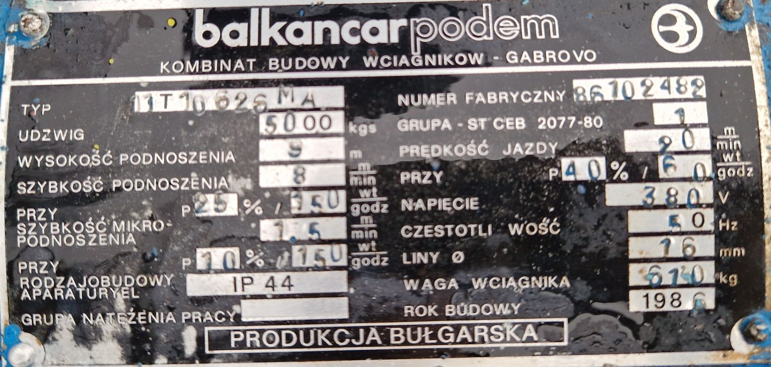 Wciągarka 5t Balkancar Podem 11T10626MA 5000 kg wciągnik linowy