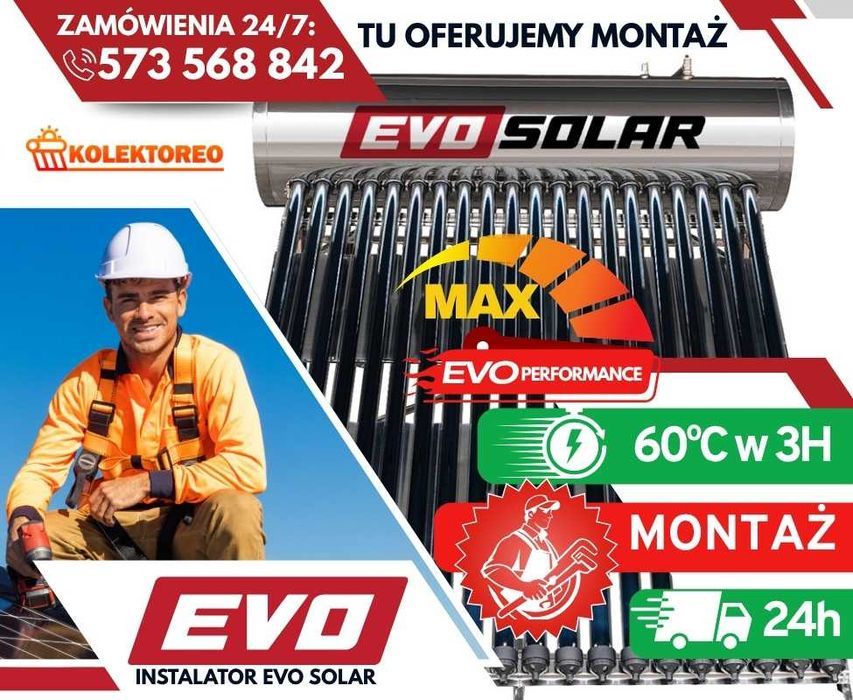Ciśnieniowy kolektor słoneczny z montażem  EVO SOLAR- kolektoreo.pl