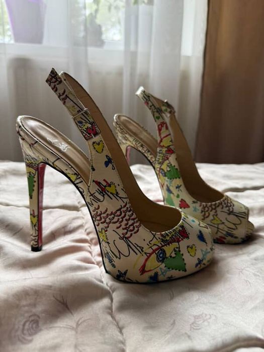 Christian Louboutin peep toe ankle strap graffiti