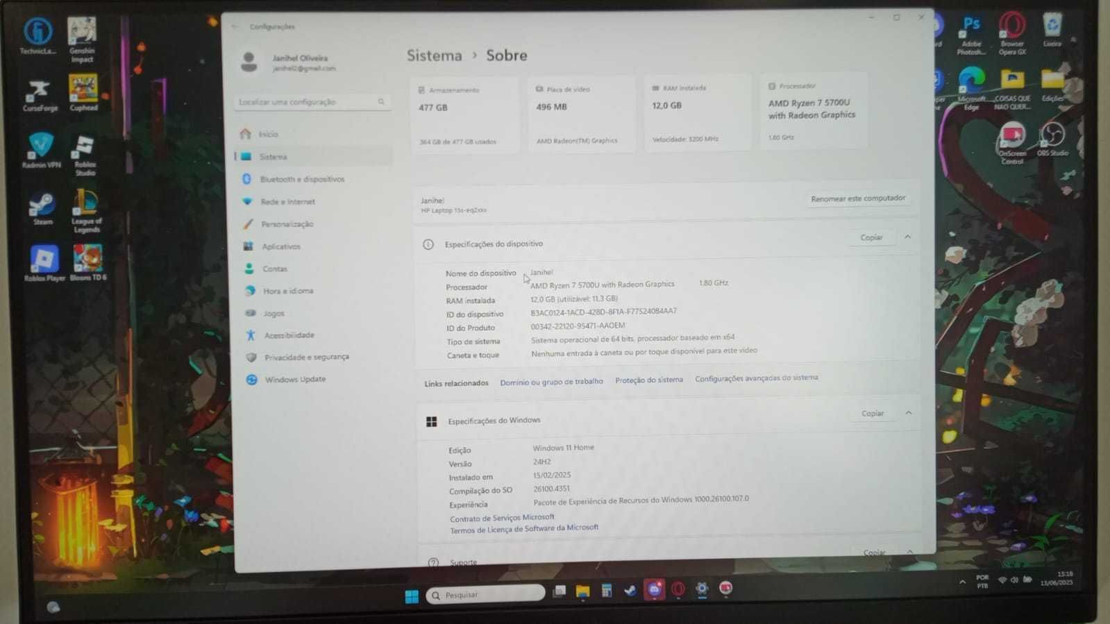 Notebook HP 15s, Ryzen 7, 18G Ram