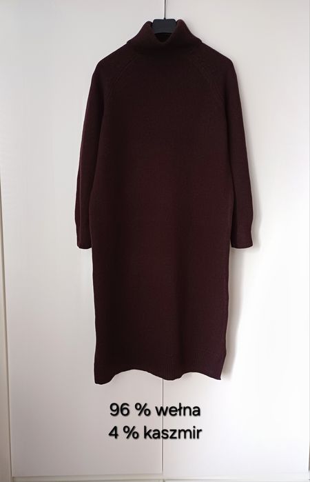 Massimo Dutti wełniana sukienka z golfem wełna kaszmir brąz bordowa