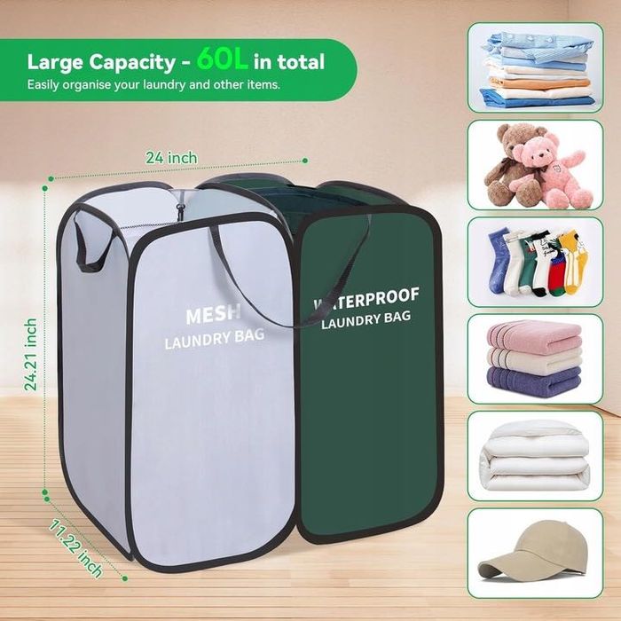 Turystyczny kosz na pranie z wodoodporną torbą do prania 2 komory