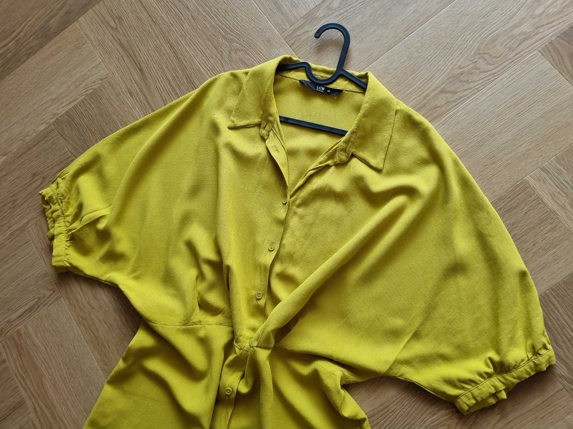 Żółta sukienka midi rękawy nietoperze len wiskoza na lato plus size