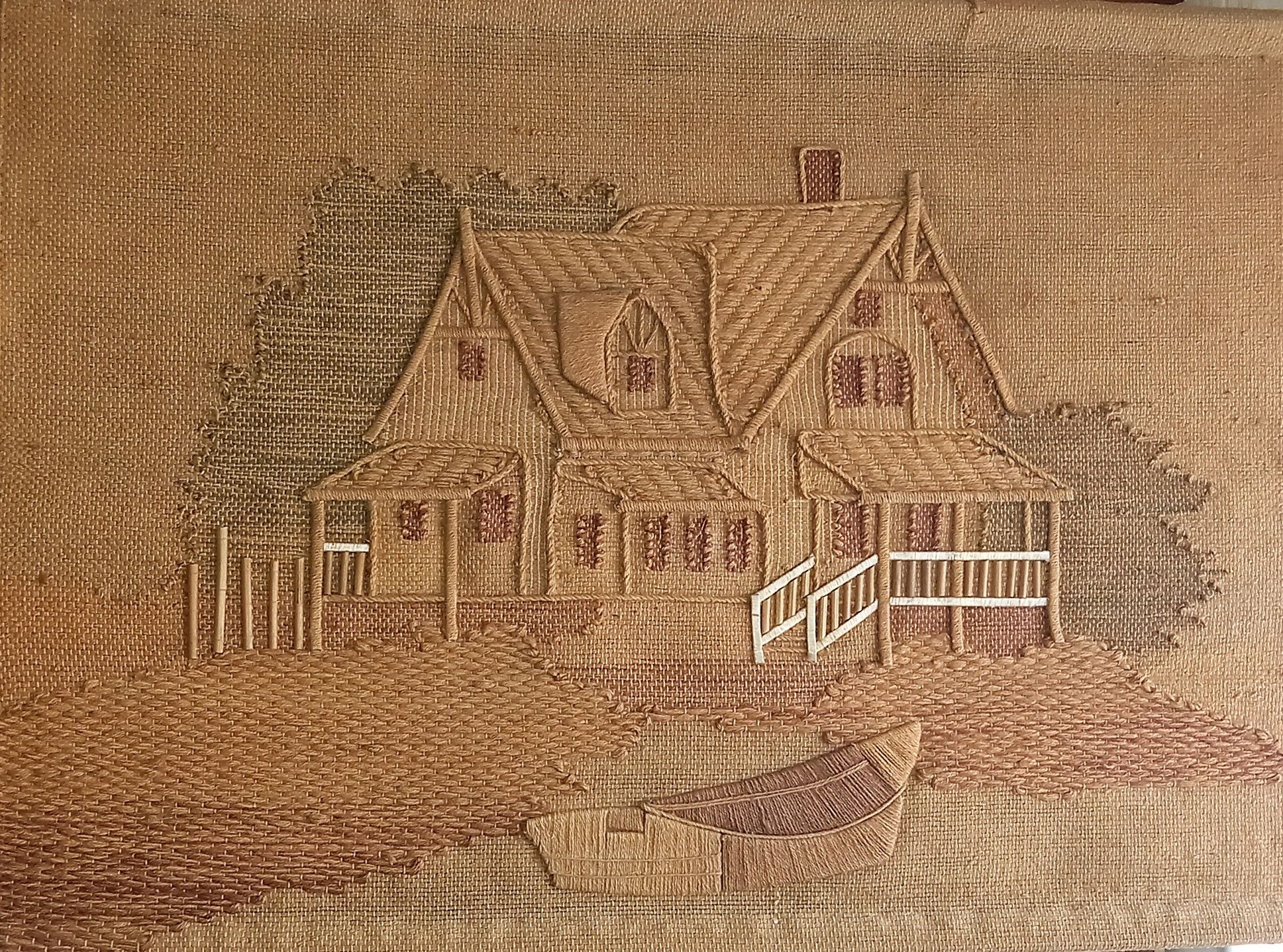 tela cordoaria artesanal indiana casa com barco 110x80cm