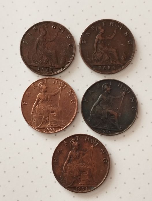 Moedas de 1 Farthing 1885, 1888, 1898, 1900 e 1901 Inglaterra
