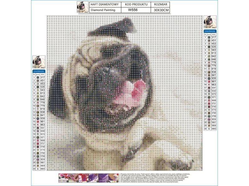 haft diamentowy obraz mozaika diamond painting - pies mops 30x30cm
