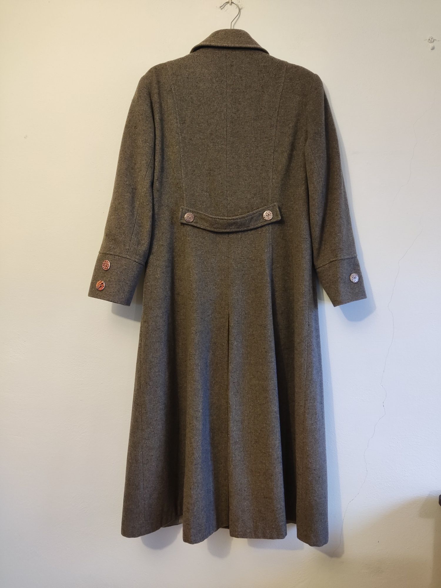 Długi, szary, klasyczny płaszcz r. 44 - dwurzędowy - wełna i kaszmir
