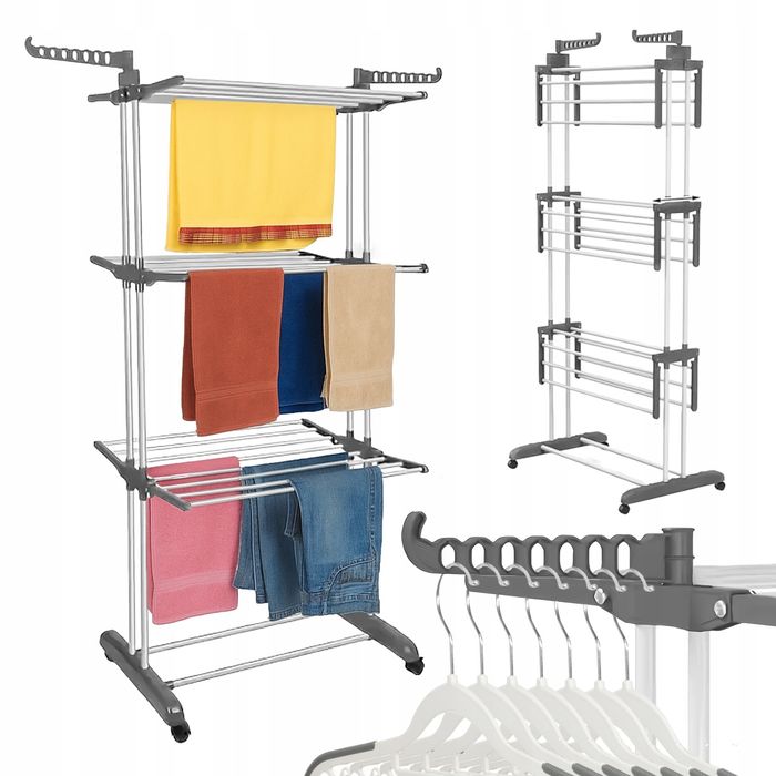 Suszarka na ubrania z kółkami ciemnoszara metalowa 3 poziomy