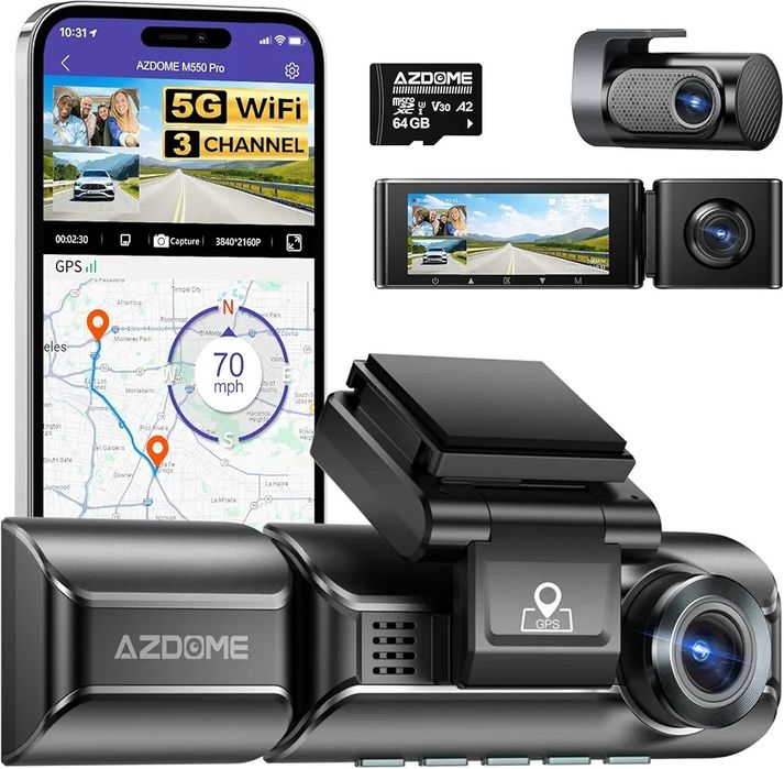 AZDOME M550 Pro 5G WiFi 3 canais Dash Cam Built-in GPS, 4K Dual Dash C