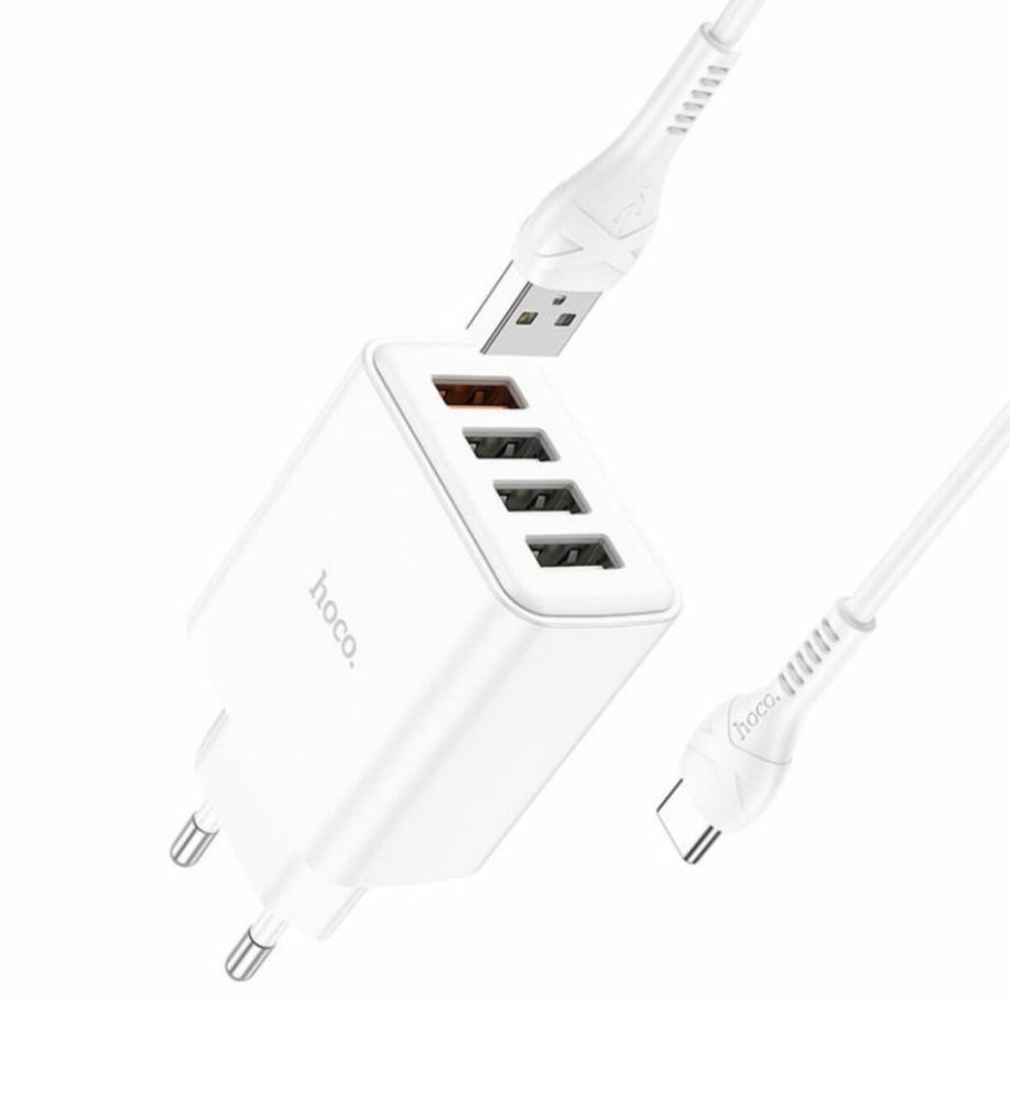 Зарядное Hoco C102A 4USB Type-C 28.5W кабель зарядка блок xiaomi Samsu