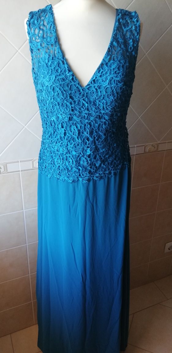 Vestido comprido cerimónia em azul petróleo