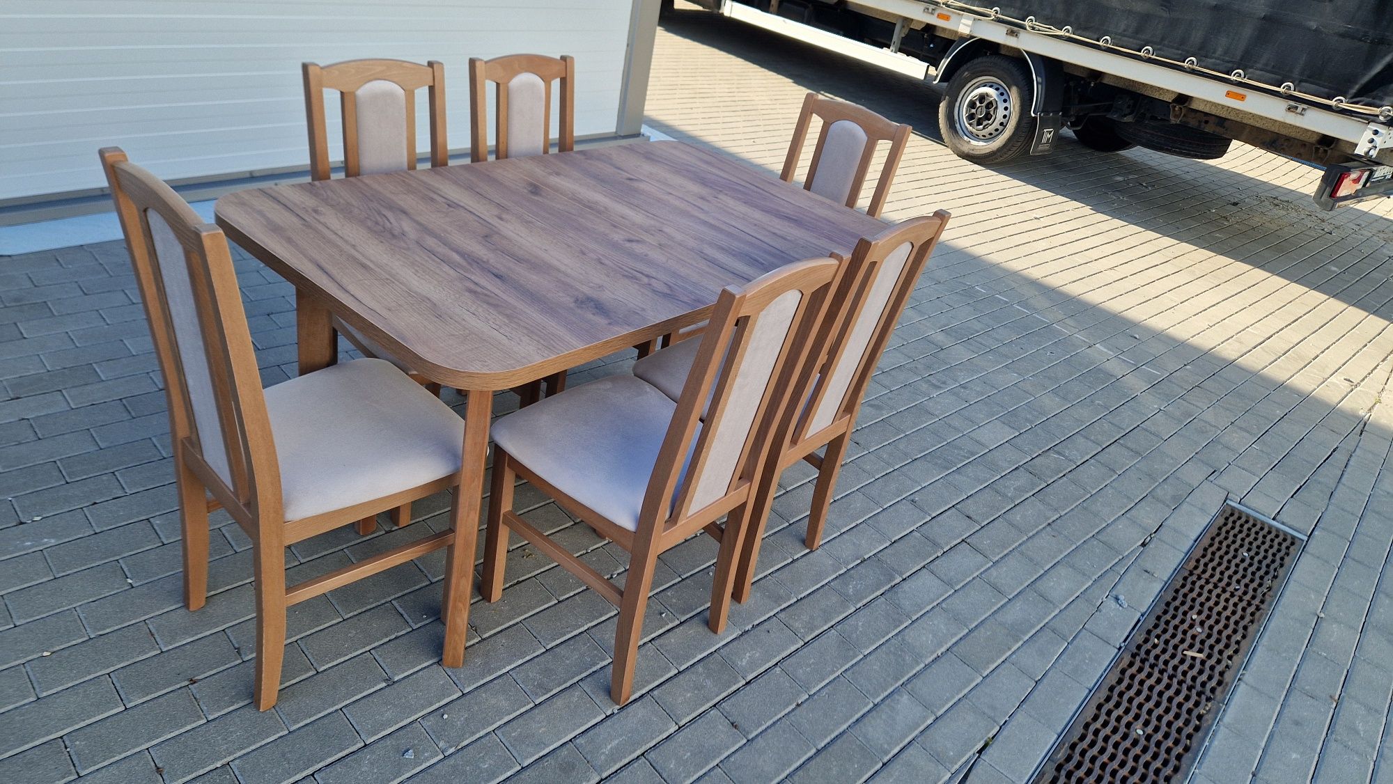 Nowe: Stół rozkładany + 6 krzeseł, dostawa cała PL, orzech jasny+latte