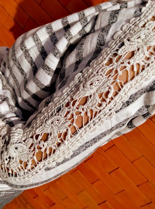 camisola sweater listada mangas compridas rendas crochet pullover top