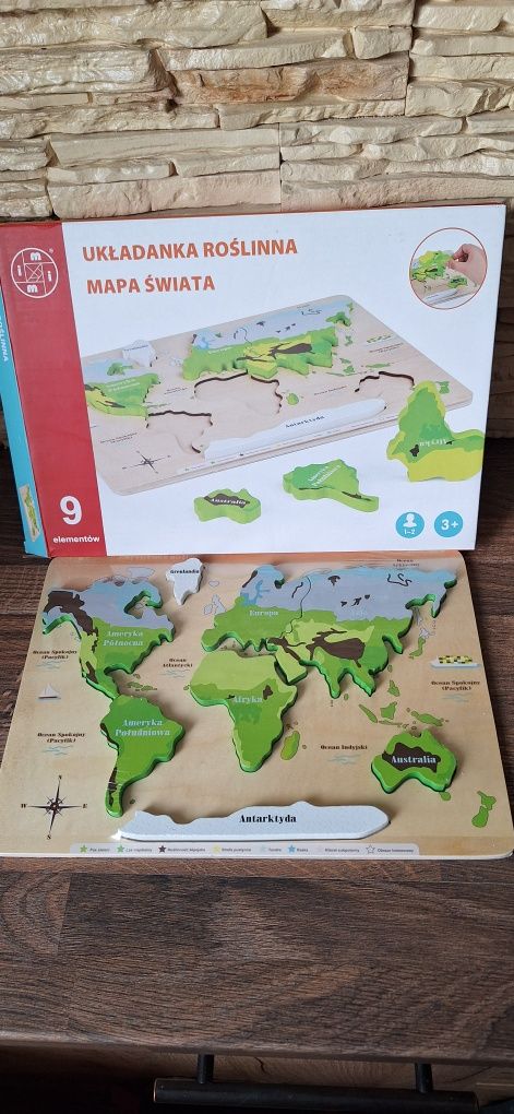 Drewniana układanka mapa świata kontynenty montessori 29x20cm