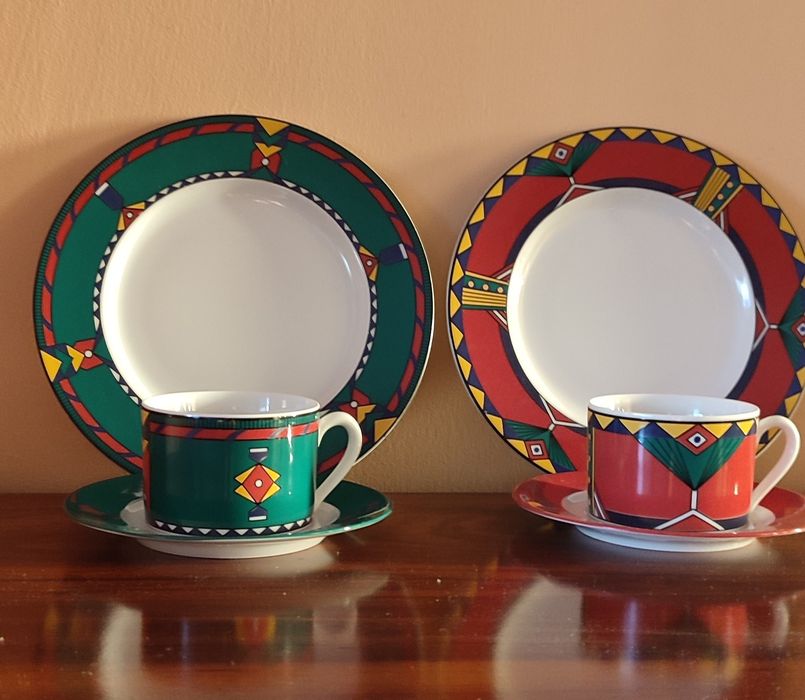 Dwa zestawy śniadaniowe porcelanowe w stylu Memphis PRL - Kahla