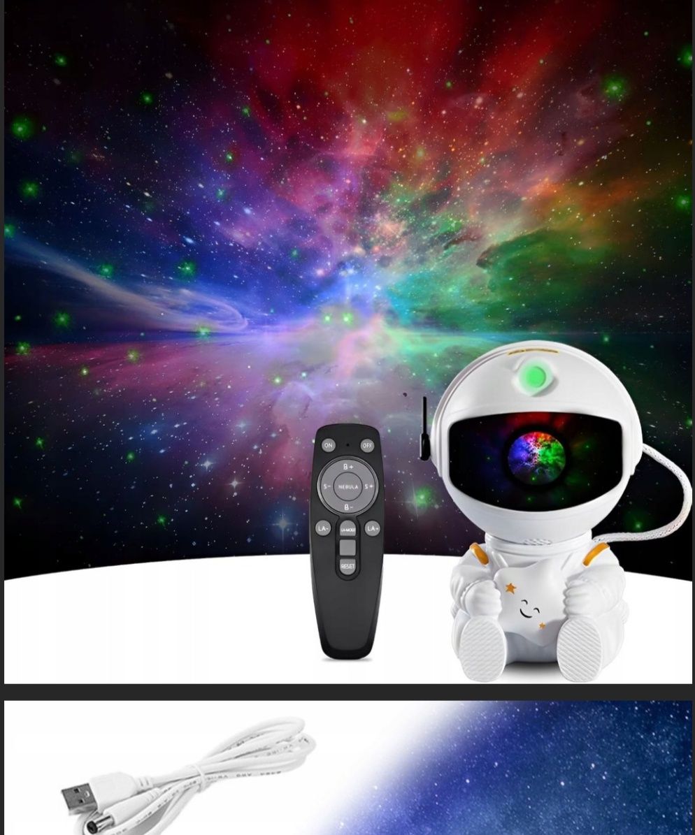 Lampka nocna LED, napęd projektora i rozgwieżdżone niebo Astronauta