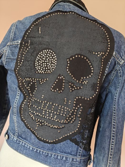 Kurtka ramoneska jeansowa dżinsowa narzutka cyrkonie koronkowa 38 M