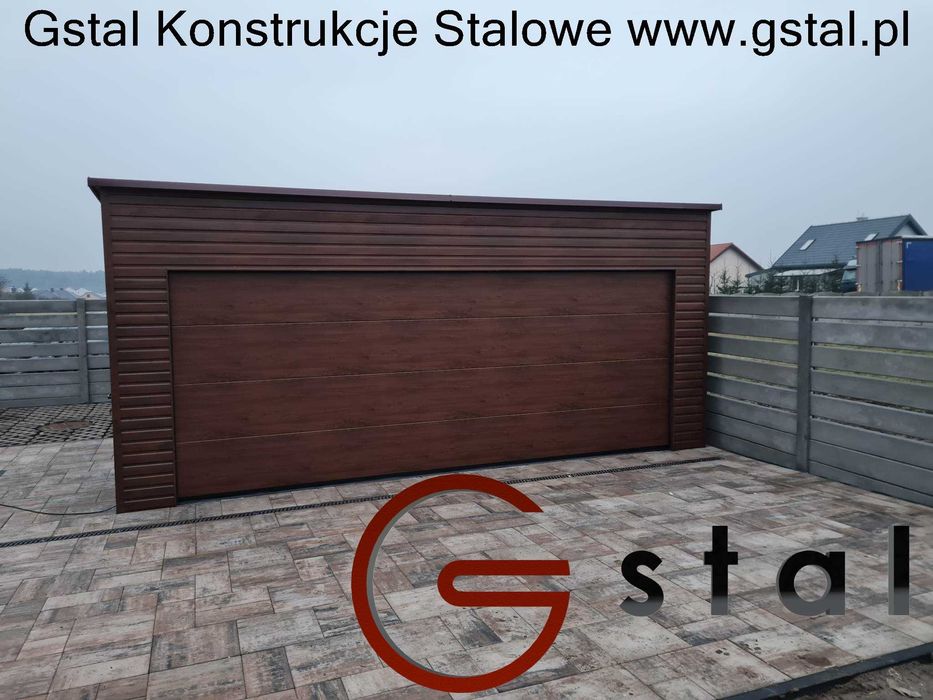 garaż blaszany 6x5,80 6x6 z bramą segmentową orzech filc profil ocynk