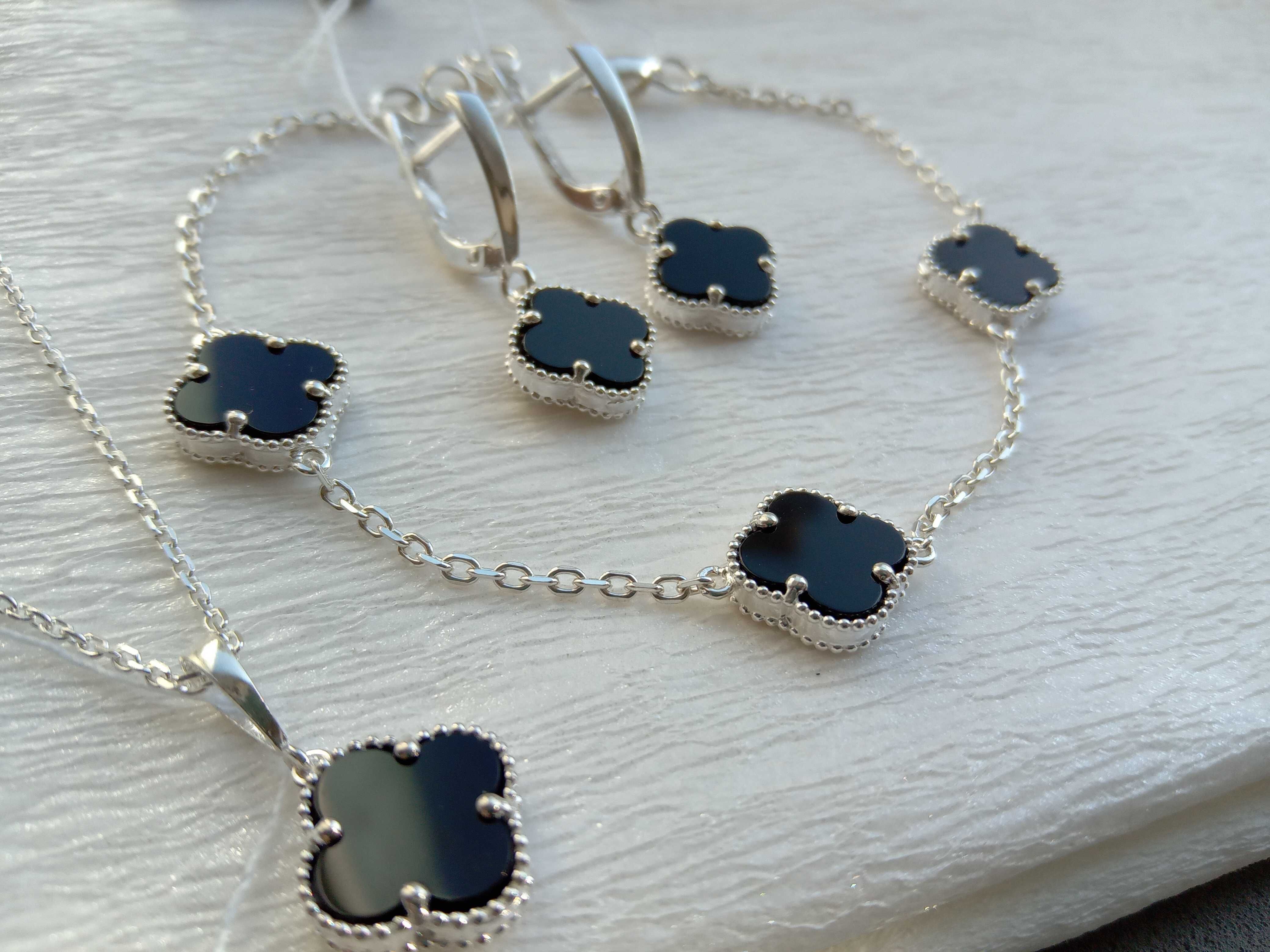 Срібні сережки Van Cleef Ван Кліф конюшина клевер срібло чорний перлам