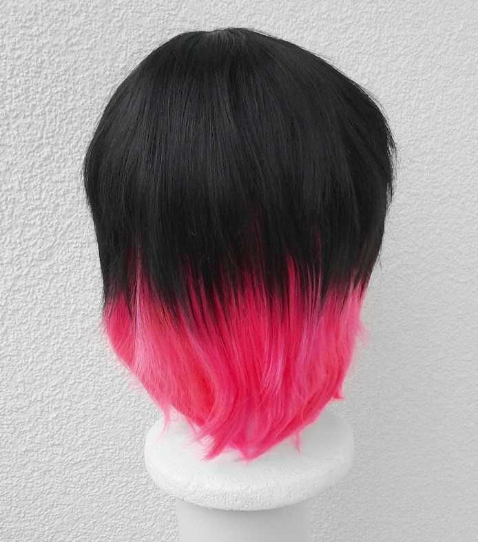 Emo czarna różowa ombre gradient krótka peruka z grzywką cosplay wig