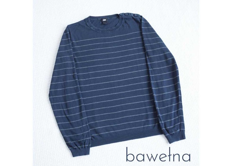 Klasyczny granatowy sweter w wąskie paski męski M