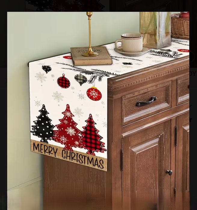 33x120 cm Bieżnik Obrus świąteczny choinki i bąbki