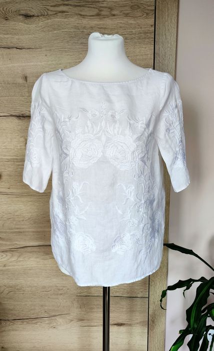 Lniana bluzka z krótkim rękawem haft róże Zara S