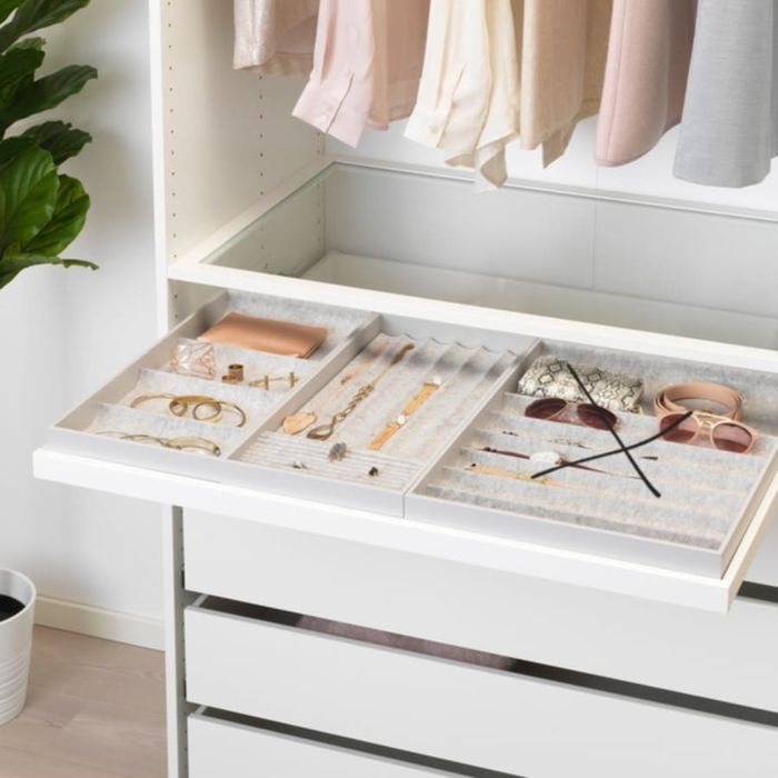 Wkład z 4 przegródkami oraz na biżuterię, jasnoszare, 25x53x5cm do PAX